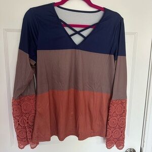 Cross Tie Long Sleeve Shirt with Lace Sleeves Size M